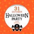 Square card or poster with Halloween party invitation. black skull with a spider on the forehead and cross bones on an orange back Royalty Free Stock Photo