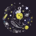 Square card template with the image of cosmic elements. Astronaut sits on the planet and catches fish. Galaxy, whale and