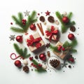 Square card. Top view of christmas arrangement. Gifts with red ribbon. Royalty Free Stock Photo