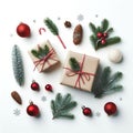 Square card. Top view of christmas arrangement. Gifts with red ribbon. Royalty Free Stock Photo