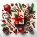 Square card. Top view of christmas arrangement. Gifts with red ribbon. Royalty Free Stock Photo