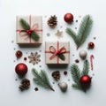 Square card. Top view of christmas arrangement. Gifts with red ribbon. Royalty Free Stock Photo