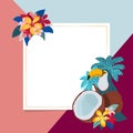 Square card with tropical elements of decor, framed by palm, coconut, toucans, plumeria flowers and golden border on three-colored Royalty Free Stock Photo