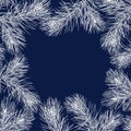Square card with white pine branches on dark blue background. Royalty Free Stock Photo