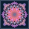 Square carpet, shawl, napkin or tablecloth with fantasy mandala, pink flowers and paisley. Ethnic style. Russian, indian motifs