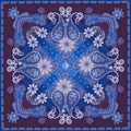 Square carpet, tablecloth or shawl in ethnic style with ornate paisley ornament, mandalas and gentle flowers on blue and purple