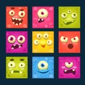 Square Cartoon Monster Faces Vector Set.