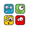 Square cartoon monsters. Funny monsters face. Handdrawn monsters
