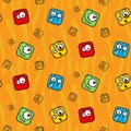 Square cartoon monsters pattern. Funny monsters face background.