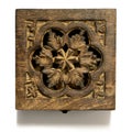 Square carved wooden box - with flower design, rough texture - isolated on white Royalty Free Stock Photo