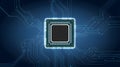 Square CPU chip with radiating blue circuit board lines and glow Royalty Free Stock Photo