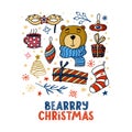 Square Chrismas greeting card design with bear Royalty Free Stock Photo