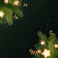 Square Christmas background design with fir branches, glowing stars, gold serpentines and luminous light bulbs. Dark Royalty Free Stock Photo