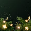 Square Christmas background design with fir branches, glowing stars, gold serpentines and luminous light bulbs. Dark Royalty Free Stock Photo