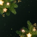 Square Christmas background design with fir branches, glowing stars, gold serpentines and luminous light bulbs. Dark Royalty Free Stock Photo