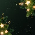 Square Christmas background design with fir branches, glowing stars, gold serpentines and luminous light bulbs. Dark Royalty Free Stock Photo