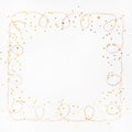 Square Christmas lights garland border and golden stars confetti over white background. Flat lay, copy space Royalty Free Stock Photo