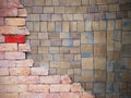 Square clay tiles and brick wall pattern