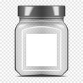 Square clear glass jar with screw lid and blank white label on transparent background, realistic vector mock-up for package design Royalty Free Stock Photo