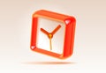 Square clock icon in 3d vector style, with gloss effect. Orange time on light background. Color watch. Vector design element