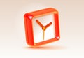 Square clock icon in 3d vector style, with gloss effect. Orange time on light background. Color watch. Vector design element