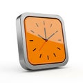 Square Orange Clock with Silver Metal Frame Tilted on a White Background time watch Royalty Free Stock Photo