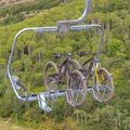 Square Close up of chairlifts with mountain bikes in Park City ski resort at off season Royalty Free Stock Photo