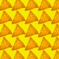 Square bright background of whole triangular nachos slices on yellow color