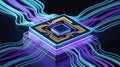 Square computer chip with glowing neon lines and flowing digital data streams processor Royalty Free Stock Photo