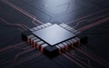 Square computer processor with metallic surface on a dark circuit board Royalty Free Stock Photo