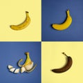 Square concept banana shape on classic blue and yellow background. Minimal fashion, flatlay