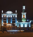 Square of Contracts Kontraktova Square in Kyiv. Evening illumination of the former Greek Monastery on the square. Royalty Free Stock Photo