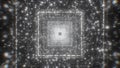 Square corridor with glowing particles. Motion. Cosmic corridor with shimmering particles. Square virtual tunnel with