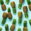 Square crop. Fresh pineapples on blue background. Top View. Pop art design, creative concept. Copy Space. Bright Royalty Free Stock Photo
