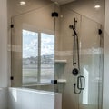 Square crop Rectangular walk in shower stall with half glass enclosure and black shower head