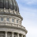 Square crop Utah State Capital building dome with corinthian columns and balcony against sky