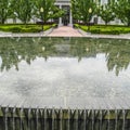 Square crop Water fountain with pool against building and trees in Salt Lake City Utah