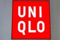 Square decoration sign and logo of a Uniqlo store, a commercial brand of Fast Retailing, a Japanese clothing design Royalty Free Stock Photo