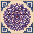 Square decorative tile with a symmetrical purple floral mandala design and blue corner elements Royalty Free Stock Photo
