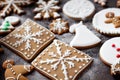 Square delicious gingerbread cookies with decoration in form of white snowflakes