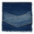 Square denim patch with pocket detail, frayed edges, and orange stitching jeans fabric Royalty Free Stock Photo