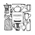 Square design with black and white Chef`s knifes, teaspoon, spoon, fork, knife, cutting board, bottle of oil, teapots Royalty Free Stock Photo