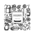 Square design with black and white cinnamon, macaron, lollipop, bar, candies, oranges, buns and bread, croissants and