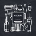 Square design with chalk glass, champagne, mug of beer, alcohol shot, bottles of beer, bottle of wine, glass of Royalty Free Stock Photo