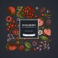 Square design on dark background with strawberry, blueberry, red currant, raspberry, blackberry