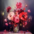 Square digital oil painting of abstract red, pink and white flowers in a vase on dark background, still life, impasto