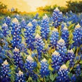 Square digital oil painting of blue lupine flowers in the field at sunset, impasto, printable wall art