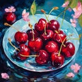 Square digital oil painting of ripe red cherries in a plate on a blue background. Still life, impasto. Generative AI Royalty Free Stock Photo