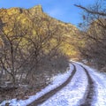 Square Dirt road trail with tire track and snow in winter in Provo Canyon mountain
