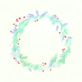 Square drawing watercolor turquoise wreath of leaves with bright red berries on the background of watercolor paper